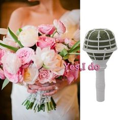 a woman holding a bouquet next to a microphone with the words yes i do written on it