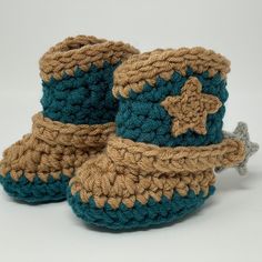 "These baby cowboy boots with spurs are made with acrylic yarn in dark tan, teal and gray.  They would make a great photography prop, baby shower gift or gender reveal baby announcement! CURRENT PRODUCTION TIME IS 2 WEEKS.   If needed sooner there is a rush order option available. This listing is for one pair of baby cowboy boots with spurs. Want different colors?  Just leave message in Note to Seller or message me for info :) Sizes Available:  Newborn  0 - 3 months 3 - 6 months 6 - 12 months Boot Measurements: Newborn - fits up to 3 1/4\" 0-3 months - fits up to 3 1/2\" 3-6 months - fits up to 4\" 6-12 months - fits up to 4 1/2\" Care:  Hand wash cold, reshape & lay flat to dry. Enter my shop here: https://www.etsy.com/shop/TimelessCrochetCraft?ref=hdr_shop_menu *All items are handmade ex Cowboy Boots With Spurs, Boots With Spurs, Crochet Cowboy Boots, Baby Cowgirl Boots, Newborn Cowboy, Baby Cowboy Boots, Teal And Gray, Girl Cowboy Boots