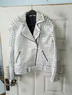 Handmade Full White Punk Silver Long Spiked Studded Leather Women Brando Biker Jacket on Storenvy Luxury Jacket, Studded Leather Jacket, Studded Jacket, 100 Dollar, Easy Rider, Biker Leather, Genuine Leather Belt, Ykk Zipper, Studded Leather