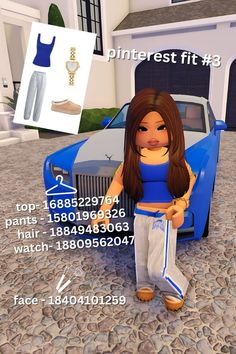 a woman standing next to a blue car in front of a house with the words pinterest fit 3 on it