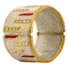 22 Karat Yellow Gold Diamond, Red, and White Enamel Handcrafted Bangle This exuberant antiquated Mughal period hand-crafted white and gold enamel Polki diamond bangle is heavenly. The picturesque engraving of our beloved nature with leaves, flowers, and other artistic elements through the exposed thin yellow gold outlines with the transparent white enamel covering the whole engraved area. This kind of Meena/enamel form is also called "Ek Rang Khula Meena,” which is the most ornate and complex wo Filigree Bangle, Diamond Red, Yellow Gold Bangle, Artisan Bracelets, Enamel Bangle, Diamond Bangles Bracelet, Bangles Style, Hammered Gold, Gold Bangle Bracelet