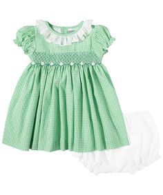 Style # PS-B353 A beautiful and classy smocked green gingham dress  for your little girl  , perfect for Easter or  any occasion when she needs to be dressed her best! Made with 100% Cotton Cute Gingham Smocked Dress With Ruffles, Gingham Dress With Smocked Bodice For Garden Party, Gingham Dress With Smocked Back For Garden Party, Classic Green Cotton Dress, Green Cotton Smocked Dress For Spring, Summer Gingham Dress With Smocked Cuffs, Elegant Green Smocked Dress For Spring, Spring Gingham Dresses With Smocked Cuffs, Spring Gingham Smocked Dress With Smocked Cuffs