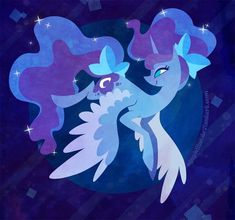 an illustration of two blue and purple ponies in front of a dark night sky