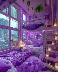 a bedroom with purple lights and lots of pillows on the floor, in front of a large window