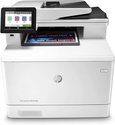 the hp color laser printer is white and has a black tablet on top of it