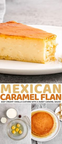 mexican caramel flan cake on a white plate with the title in spanish above it