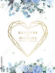 a wedding card with blue flowers and greenery in the shape of a heart on a white background