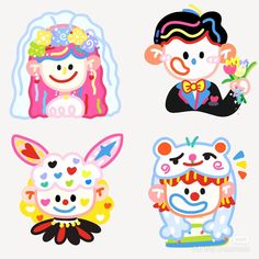 four different cartoon characters with flowers and hearts on their heads, one in the shape of an animal