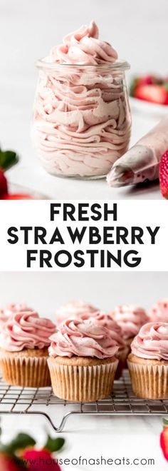 fresh strawberry frosting on top of cupcakes with strawberries in the background