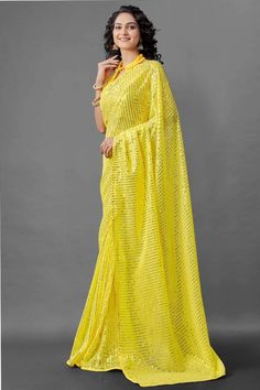 Attrective Look This Pretty Elegant Looking Designer Party Wear Saree In Yellow Color Paired With Blouse. This Saree Are Georgette And Blouse Are Banglori Silk Based With Designer Sequence Embroidery Work Beautified Saree. Buy Now.Product Features:  Saree Color: Yellow Blouse Color: Yellow Saree Fabric: Georgette Blouse Fabric: Banglori Silk Style Name: Designer Work: Sequence Embroidery, Piping Border Occasion: Partywear Size: Saree Length:-5.5 M Blouse Length:-0.80 M Wash Care: Dry Clean Discl Sabyasachi Sequin Saree, Sequence Saree Party Wear, Designer Party Wear Saree, One Minute Saree, Sabyasachi Sarees, Sequence Saree, Sequence Embroidery, Sequin Saree, Indian Saree Blouse