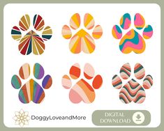 an image of dog paw prints in different colors and sizes on a white background with the words doggy loveandmore