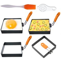 an assortment of kitchen utensils including eggs, cheese and other foods on a white background