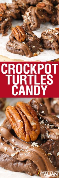 there are many different types of cookies on the table with text overlay that reads crockpot turtles candy