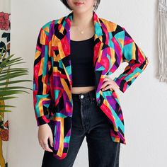 Multicolor Outerwear With Abstract Print For Fall, Multicolor Abstract Print Outerwear For Fall, 90s Inspired Long Sleeve Fall Outerwear, Retro Colorful Spring Outerwear, Colorful Retro Spring Outerwear, 90s Style Multicolor Spring Outerwear, 90s Style Multicolor Fall Outerwear, Colorful Retro Long Sleeve Outerwear, 90s Style Multicolor Outerwear With Pockets