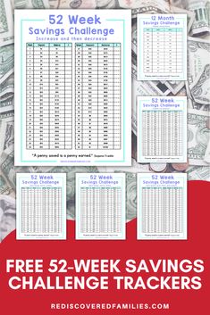 This year, try our 52-week Savings Challenge! This challenge is perfect for anyone interested in frugal living. Find out how easy it is to create an emergency fund, save on a low-income budget, or plan a debt-free vacation. Head over to rediscoveredfamilies.com to download your free printable savings trackers. Take control of your finances with these simple templates. Don't forget to save this pin now so you can find it later when you need a quick savings boost! Financial Budget Planner, Financial Planning Printables, Money Rules, Rainy Day Fund