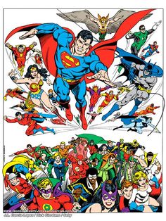 the cover to superman comics, with many different superheros and their names on it