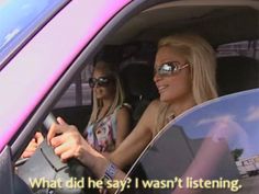 two women sitting in a car with the caption what did he say? i was listening