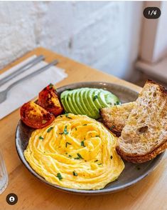 a plate with eggs, toast and avocado on it