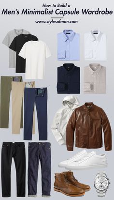 Check out our guide on how to build a men's  minimalist capsule wardrobe. This capsule can transition to both business and casual, the perfect pieces to get your capsule started. If you travel for work, this guide is for you! #stylesofman #menscapsulewardrobe #mensoutfits #menstravel Minimalist Wardrobe Men, Styles Man, Men's Capsule Wardrobe, Mens Wardrobe Essentials, Capsule Wardrobe Casual, Minimalist Moda, Mens Business Casual Outfits