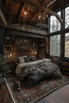 a large bed sitting in the middle of a bedroom next to a tall wooden ceiling