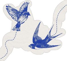 two birds flying next to each other on a white and blue sticker with dotted lines