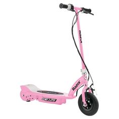 the pink scooter is on display against a white background