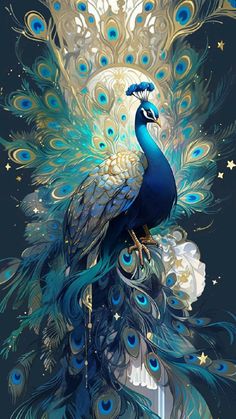 a painting of a peacock with feathers on it's body and stars in the background