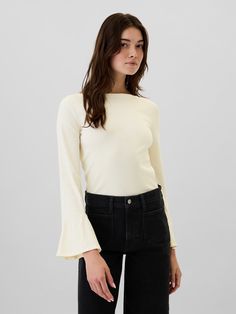 Ribbed Boatneck Bell Sleeve T-Shirt | Gap Factory Trendy Ribbed Long Sleeve Top For Spring, Chic Stretch Tops With Ribbed Cuffs, Chic Tops With Flared Cuffs For Fall, Chic Fall Tops With Flared Cuffs, Trendy Knit Top With Ribbed Cuffs, Chic Bell Sleeve Tops For Fall, Stretch Bell Sleeve Tops For Fall, Fall Stretch Tops With Bell Sleeves, Chic Stretch Bell Sleeve Tops