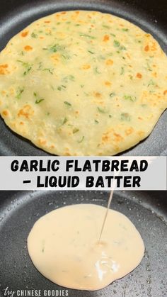 two images showing how to make garlic flatbreads in a frying pan with liquid