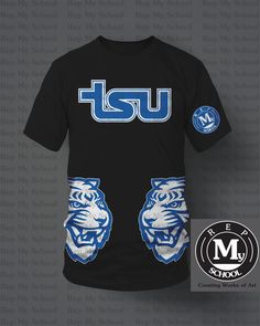 a black tsu t - shirt with blue and white tiger on it