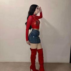 Outfits Botas Rojas, Outfit Buchifresa, Red Thigh High Boots, Outfit Botas, Fiesta Outfit, Latina Fashion Outfits, Classy Winter Outfits, Korean Fashion Dress, Event Outfit