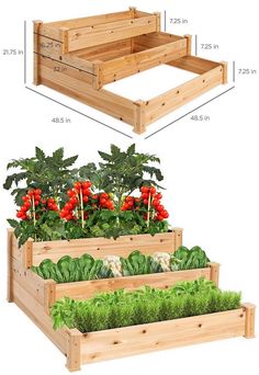 three wooden raised planters with plants growing in them and measurements for each type of planter