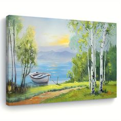 a painting of a boat in the water near some trees and grass with mountains in the background