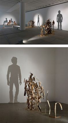 two pictures with different types of sculptures in the middle and on the right, there is a shadow of a man standing next to them