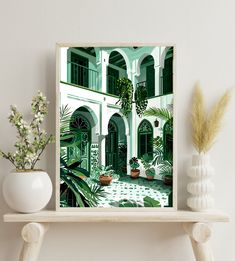 an art print of a courtyard with potted plants on the shelf next to it