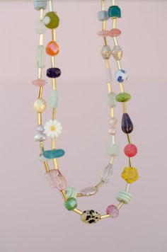 Colorful Beaded Friendship Necklace, Flower Necklace, Multicolored Necklace, Choker Necklace, Layering Necklace, Semiprecious Bead Necklace - Etsy Colorful Beaded Necklace, Gold Beaded Necklace, Flowers Colorful, Friendship Necklace, Necklace Flower, Friendship Necklaces, Gold Bead Necklace, Spring Jewelry, Necklace Crystal