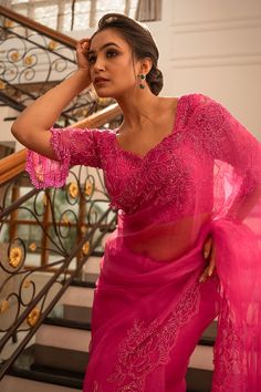 Fuchsia pink saree with aari and cutdana cutwork embroidery. Paired with a padded floral jaal embroidered blouse with crystal tassels on the sleeves. - Aza Fashions Cutwork Saree, Cutwork Embroidery, Blouse For Women, Silk Organza, Pink Saree, Fuchsia Pink, Cut Work, Embroidered Blouse, Aza Fashion