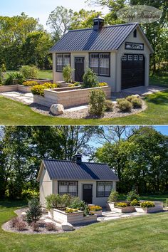 two pictures of a small house in the grass