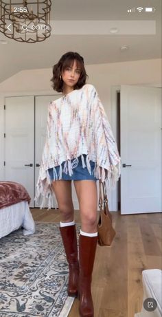 2023 Boho Outfits, Long Skirt Chunky Sweater, Red Brown Boots Outfit, Styling Poncho Outfit, Talk Brown Boots Outfit, Outfit With Poncho, Fall Outfits Brown Skirt, Poncho And Skirt Outfit, Poncho Skirt Outfit