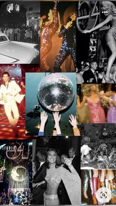 collage of photos from the disco era with people dancing and holding up their hands