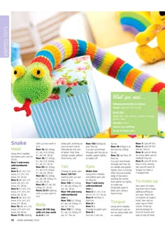 an article in the knitting book is shown with colorful knitted items and toys on it