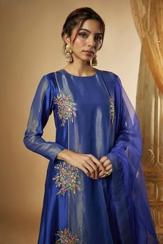 Buy Blue Pure Chanderi Silk Embroidered Floral Buttas Round Hand Kurta Sharara Set For Women by The Aarya Online at Aza Fashions. Pitta Work, Sharara Pants, Kurta Sharara Set, Kurta Sharara, Sharara Set, Ink Blue, Fashion App, Embroidered Silk, Blue Ink