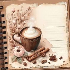 a notebook with an image of a cup of coffee and cinnamons