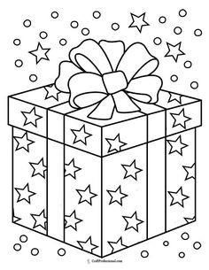 a gift box with a bow and stars on it, coloring pages for kids to print