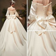 the back of a wedding dress with a large bow at the waist and shoulderline