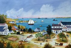 an oil painting of a town by the water with boats and people on it,