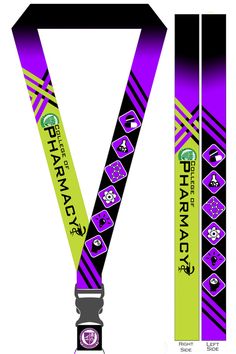 the purple and black lanyard has an emblem on it