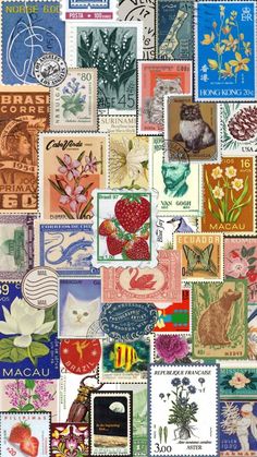 many different postage stamps are arranged in the shape of a collage with animals and flowers