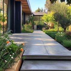 an outdoor walkway leading to a modern home