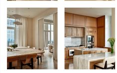 four photographs of the same kitchen and dining room in different rooms, including one with an island